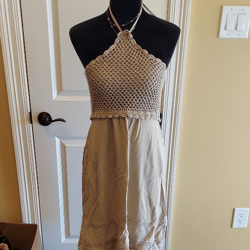 EARTHBOUND Elegant Tan Halter Dress